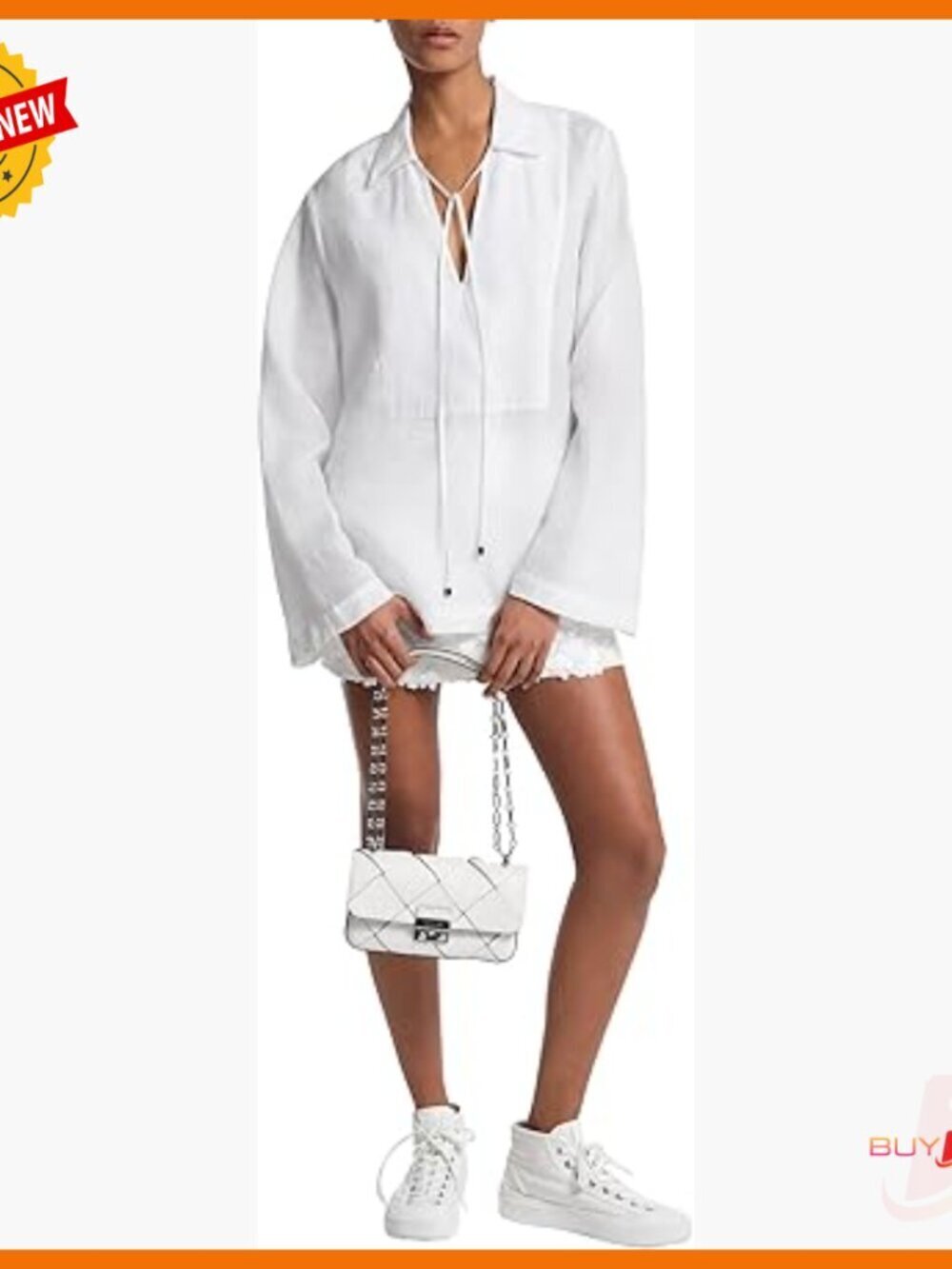 Soft Ramie Tunic with Bell Sleeves and Tie Neck, V-Neck Blouse